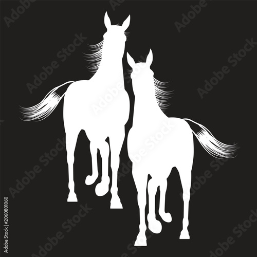 Two Running Horses Line Art Illustration, Elegant Equine Outline Design
