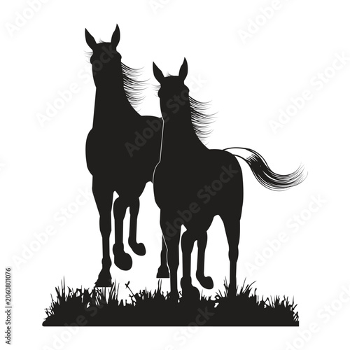 Two Running Horses Line Art Illustration, Elegant Equine Outline Design
