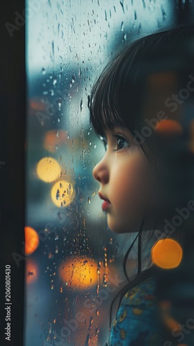 Child gazes wistfully through rain-streaked glass.