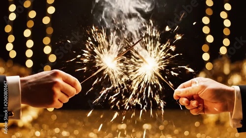 Two clenched fists wearing suit jackets with white cuffs face each other, sparking fireworks