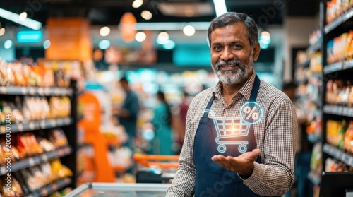 Retail Tech Concept: Glowing Holographic Shopping Cart and Discount Icons Over Indian Shopkeeper in Modern Grocery Store