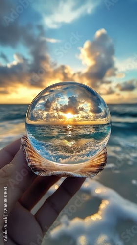 Ocean sunset captured in glass sphere held by hand
