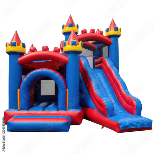 Inflatable bouncy castle with slide, colorful blue and red bounce house for kids party, outdoor inflatable playground equipment isolated on white