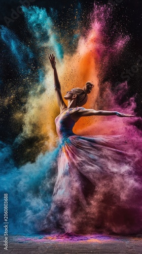 Colorful powder explosion, dancer in flowing dress