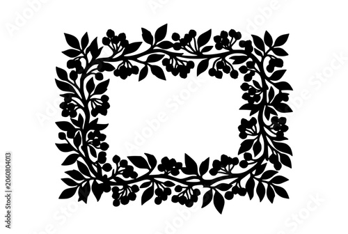 Black silhouette of a floral rectangular frame with leaves and berries