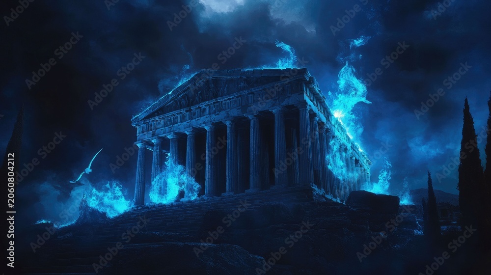 Naklejka premium Ancient temple engulfed in ethereal blue flames