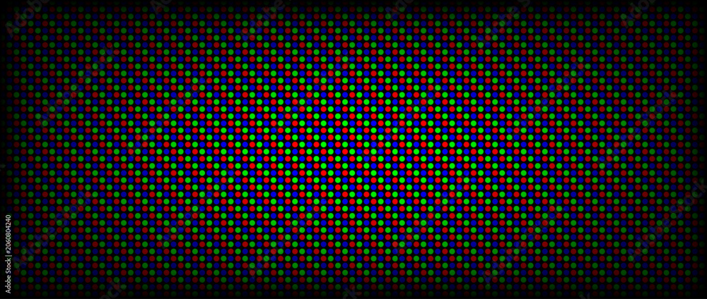 Obraz premium Faded RGB screen pixel background. LCD display grid dots wallpaper. LED TV screen pattern. Red Green Blue diode pixels videowall concept. Projector or television monitor texture backdrop. Vector