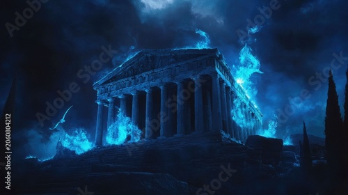 Ancient temple engulfed in ethereal blue flames