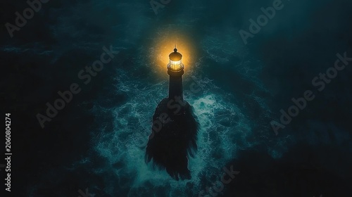 Lonely lighthouse shines bright amidst dark ocean waves.