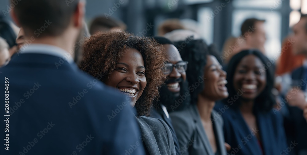 Obraz premium A cheerful group connects during a corporate event, highlighting business networking, personal chemistry, and positive meeting experiences.