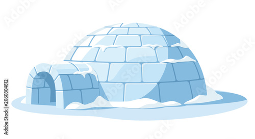 Traditional ice block igloo shelter sitting on a snowy ground against a clean white background with blue shadows.