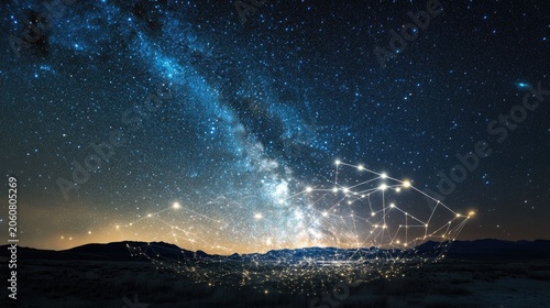 Starry night landscape, glowing network connects earth and sky.