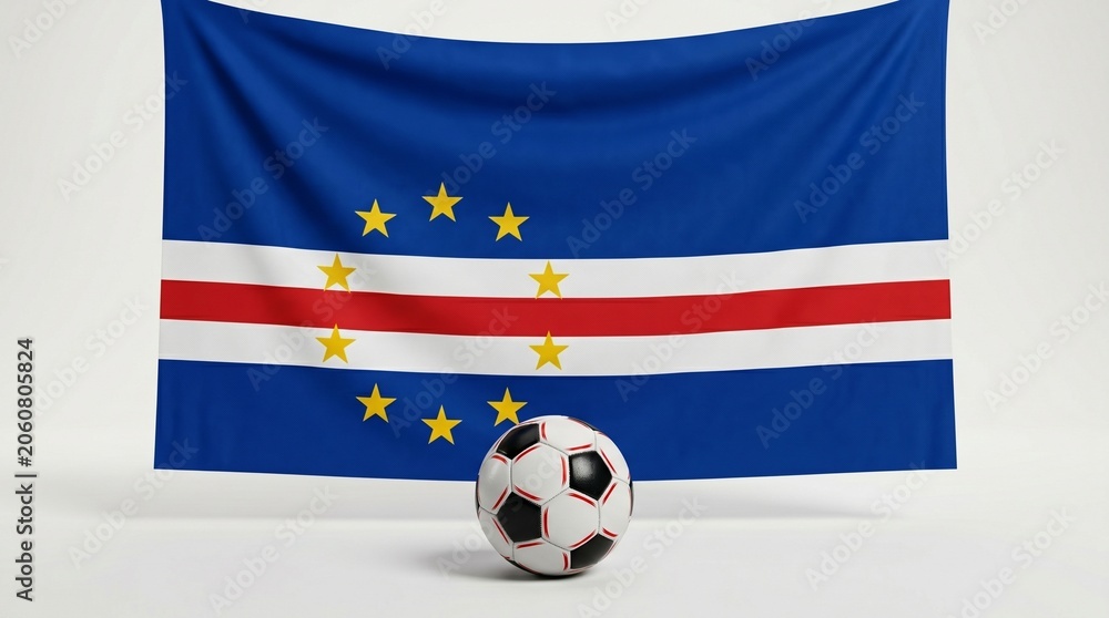 Fototapeta premium Cape Verde’s blue flag with stars rises behind a soccer ball, symbolizing national pride, unity, and passion for football — heritage and culture expressed through sport…