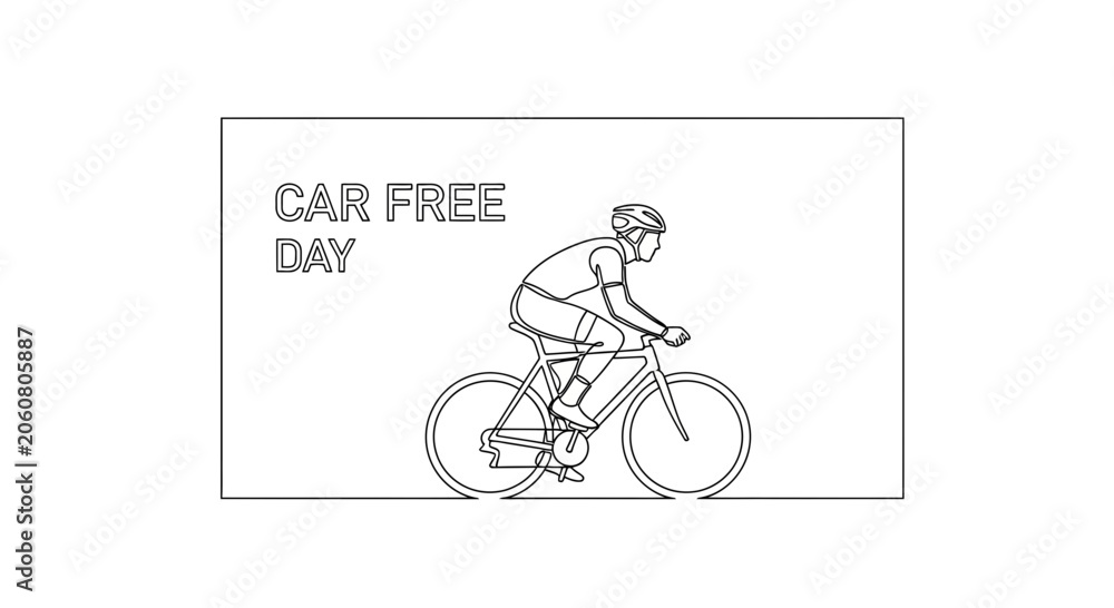 Fototapeta premium Car Free Day Cyclist Riding Bicycle Line Art Illustration