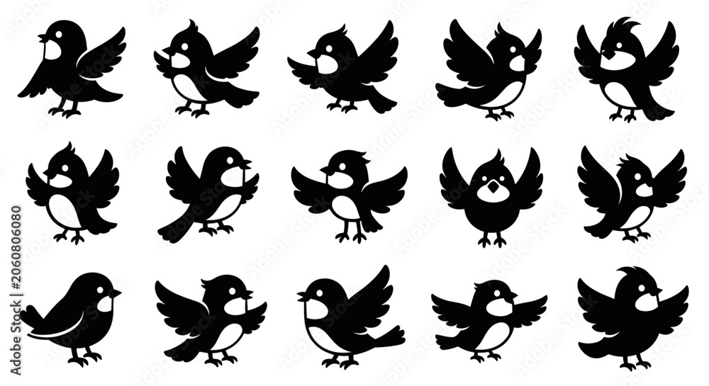 Fototapeta premium Various black and white bird silhouettes flying and standing on a plain background