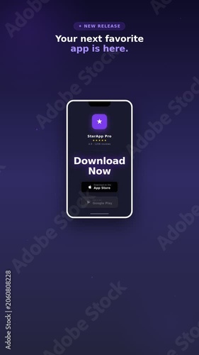 Mobile App Download Promo Animation with Phone Mockup, Star Rating and App Store Buttons on Purple Background