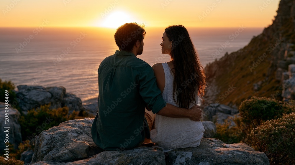 Fototapeta premium Romantic Couple Watching Sunset Over Ocean from Rocky Outcrop