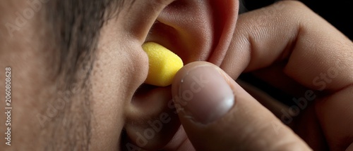 A person inserts earplugs for noise reduction.
