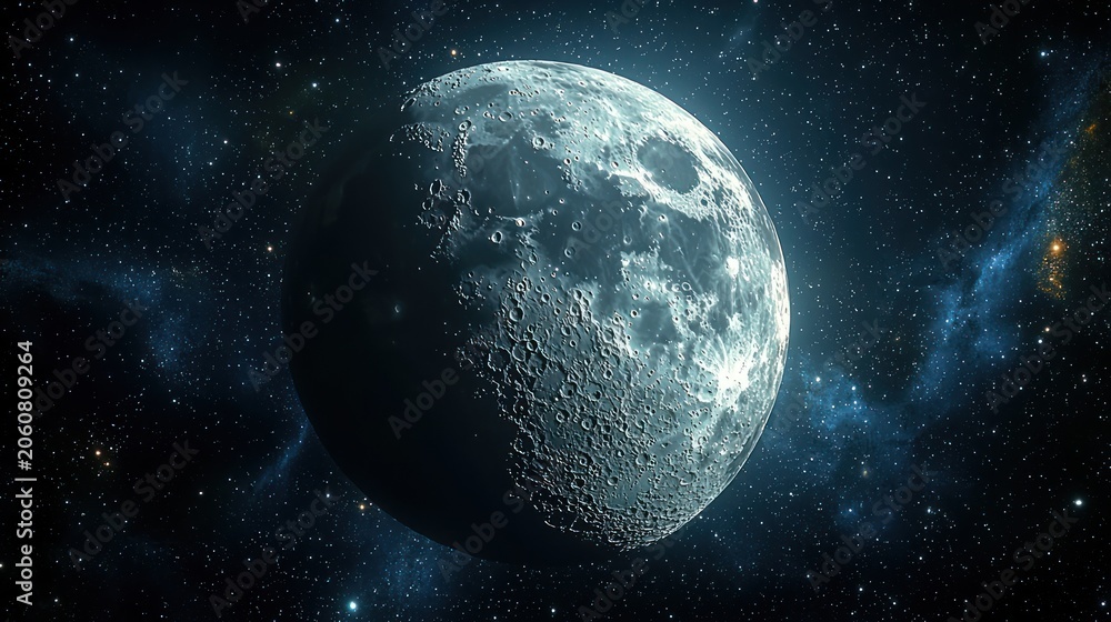 Fototapeta premium Realistic depiction of the Moon, with its craters, set against a star-filled, nebula-lit cosmos