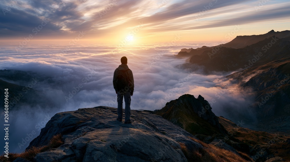Obraz premium Man Standing on Mountain Peak During Sunrise Above Cloud Sea