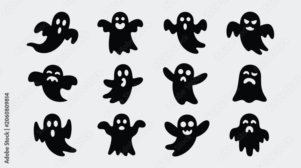 Obraz premium Collection of black cartoon ghost icons displaying various spooky expressions and emotions
