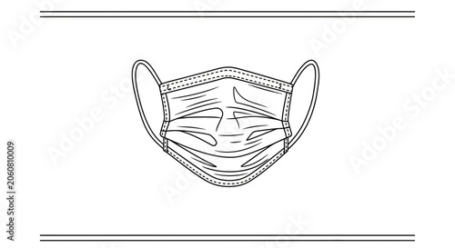 Hand-drawn sketch of a surgical face mask with ear loops, isolated on white background