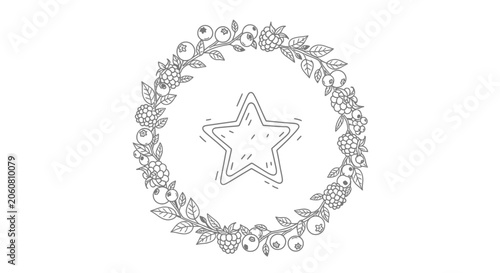 Hand-drawn star inside a circular wreath of berries and leaves, black and white sketch.