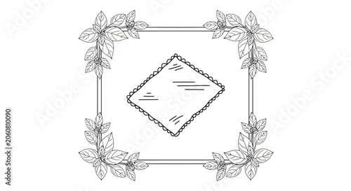 Hand-Drawn Square Frame with Basil Leaves and Rhombus in Center