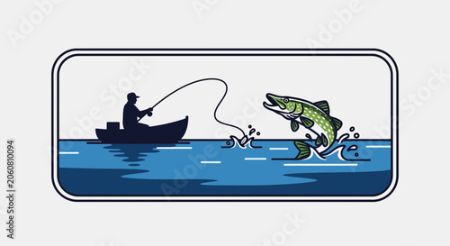 Fisherman in boat catches jumping pike fish, action fishing illustration