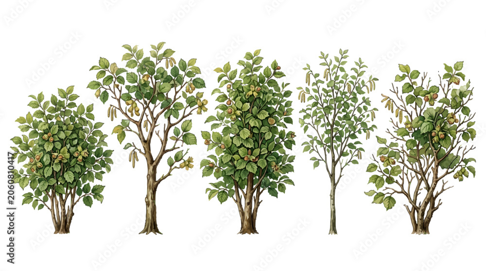 Obraz premium Sequence of five leafy deciduous trees illustrating different growth stages and varying foliage density