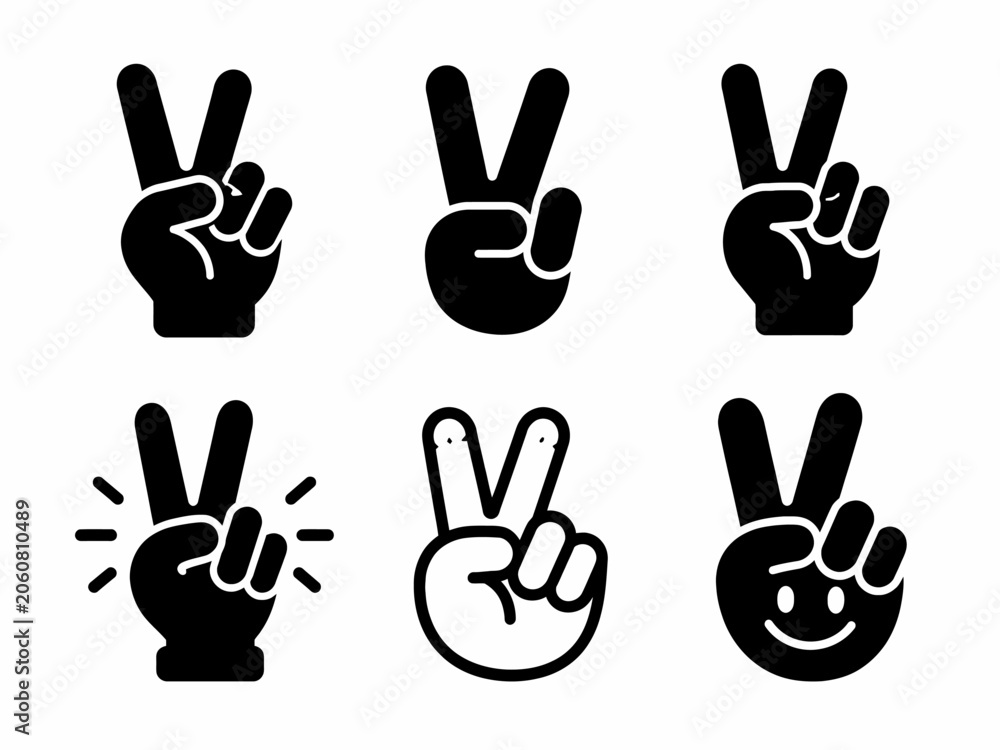 Fototapeta premium Set of six black and white peace hand gesture icons in different styles