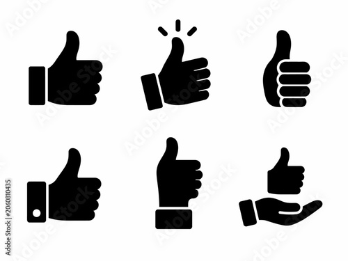 Set of black thumbs up icons in various styles on white background