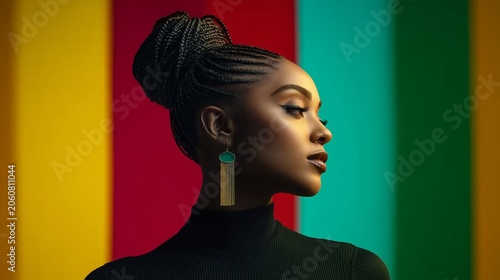Elegant Black woman in profile honoring Juneteenth with vibrant red, yellow, green and teal backdrop