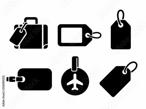 Luggage and tag icons set for travel and identification