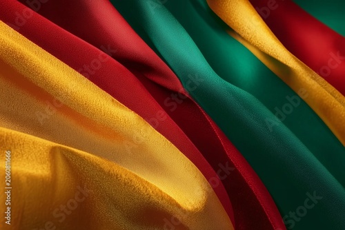 Juneteenth celebration with red, green, and gold fabric folds honoring freedom, unity, and heritage