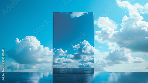 Surreal Conceptual Art of Clean Glass Mirror Reflecting Blue Sky and White Clouds
