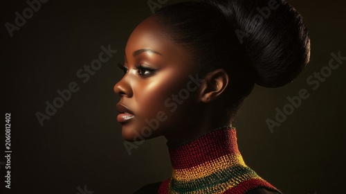 Radiant side profile portrait of a Black woman in Juneteenth colors honoring freedom and heritage