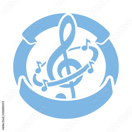 A light blue musical emblem featuring a treble clef and notes