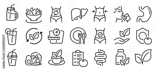 Foto Detox and cleanse related editable stroke outline icons set isolated on white background flat vector illustration