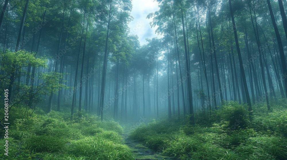 Fototapeta premium Sunlight Filtering Through Dense Green Forest Canopy With Mists And Lush Foliage In Summer Morning