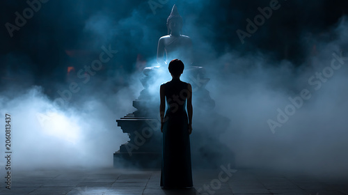 A solitary figure stands silhouetted against the ethereal glow of a Buddha statue, enveloped in mystical blue mist and smoke, creating an atmosphere of profound spirituality and contemplation