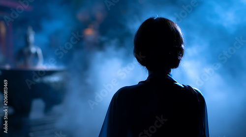 A silhouette of a person meditating in a dimly lit, atmospheric environment with smoke or mist. In the background, a statue is visible.