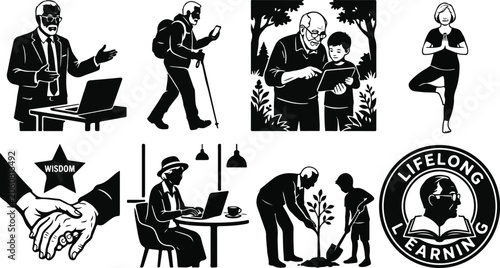 Active senior citizens lifestyle icons set featuring lifelong learning intergenerational activities health wellness and modern technology usage for retirement