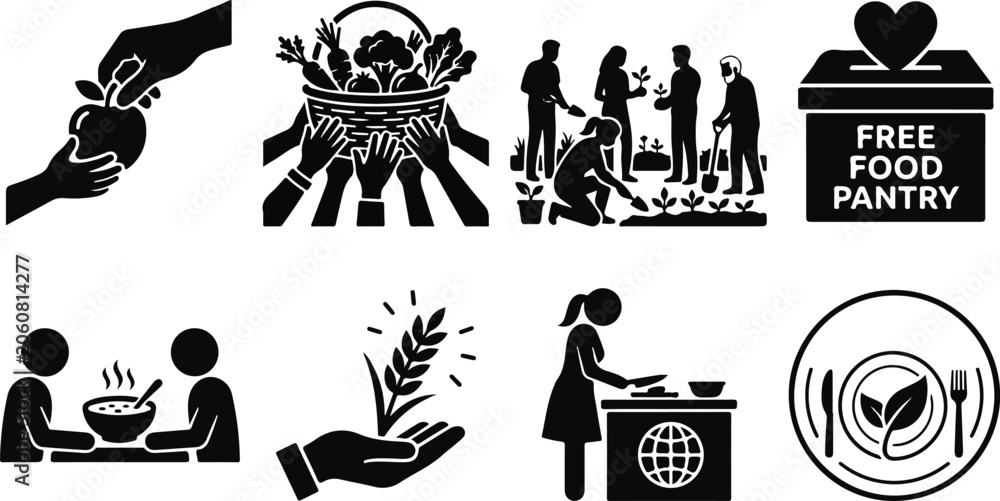 Fototapeta premium Comprehensive food security icon set featuring community gardening charity food pantry hunger relief and sustainable agriculture for social welfare