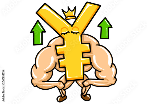 China's Currency Mascot - Yuan Is Strengthening With a Calm Expression, Showing Off His Muscular Body and a Crown on His Head with an Arrow Pointing Up