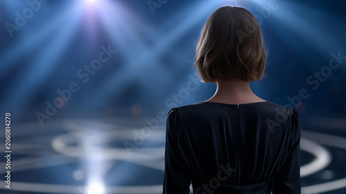 A woman standing with her back to the camera, looking out at a bright stage with spotlights. The stage floor has circular patterns