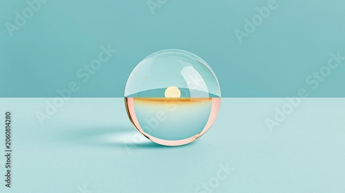 Clear glass sphere with a glowing sun refraction on a mint blue surface, a luminous and contemporary abstract for zen and mindfulness art