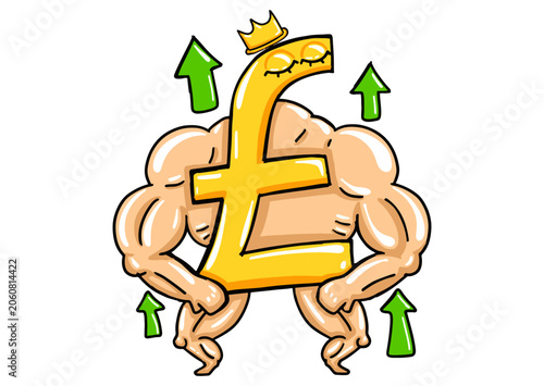 European Union Currency Mascot - Euro - €, EUR - Is Strengthening With A Calm Expression, Showing Off His Shining Muscled Body, Crown on His Head with Arrow Pointing Up