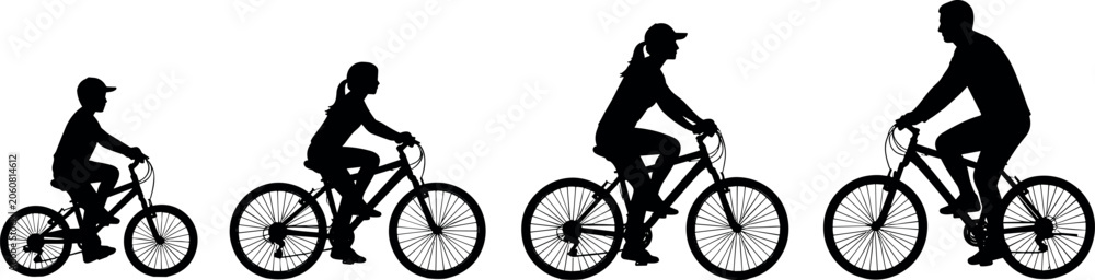 Fototapeta premium Silhouette vector illustration of four people riding bicycles, artistic progression design symbolizing growth, family generations, decorative minimal composition