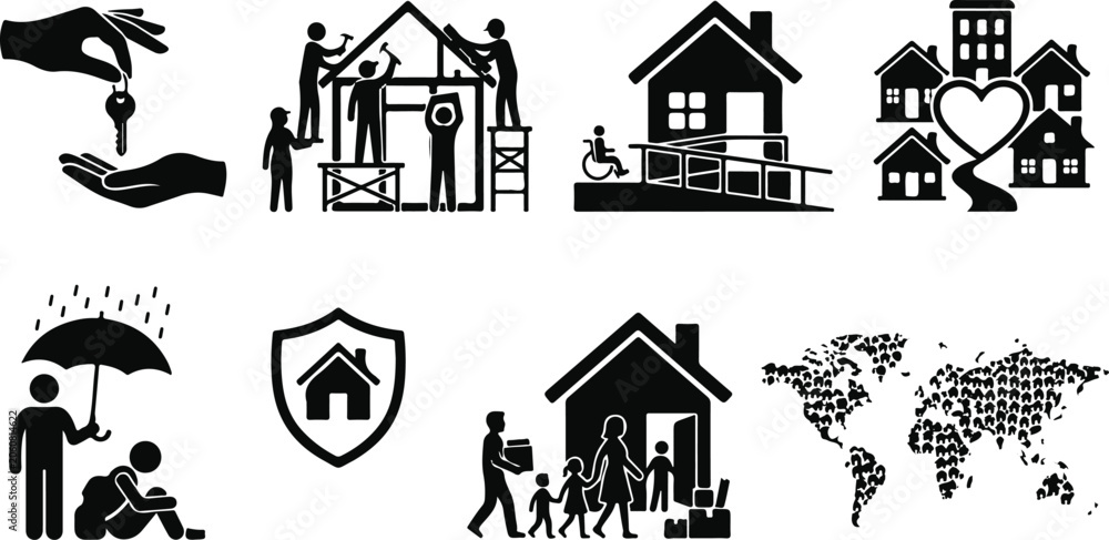 Fototapeta premium Comprehensive housing and social support icon set featuring community construction accessibility relocation homeless protection and global housing security silhouettes